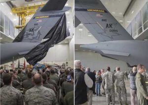 Members of the Alaska Air National Guard’s 176th Wing and the Regular Air Force’s 3rd Wing witnessed the unveiling of a new tail flash on the C-17 Globemaster IIIs assigned to the 176th Wing’s 144th Airlift Squadron on Joint Base Elmendorf-Richardson, Alaska, Oct. 1, 2018. The new tail flash depicts a wolf head, (the 144th AS’s emblem), on one side, and a firebird (the 517th AS’s emblem), of equal size on the other. (U.S. Air National Guard photo by Tech. Sgt. N. Alicia Halla)