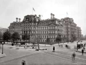 The Old Executive Office Building, also known as the Eisenhower Executive Office Building, located at the corner of Pennsylvania Ave. and 17th Street, NW in Washington. It once housed the War Department, State Department and Navy Department.