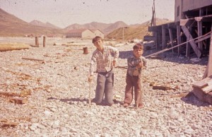 Boys playing on the beach in Karluk, ca. 1960.  Clyda Christiansen Collection.