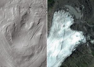 Left: Linear and lobate morphologies on the highest reaches of Aeolis Mons were shaped by glacial activity in the past. Right: Breiðamerkurjökull glacier, Iceland, a terrestrial analog of the glacial remains identified on Gale.  Credit: CTX-MRO-NASA/Google maps