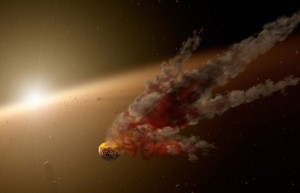 This artist's concept shows the immediate aftermath of a large asteroid impact around NGC 2547-ID8, a 35-million-year-old sun-like star thought to be forming rocky planets. Image credit: NASA/JPL-Caltech