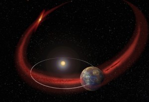 Mercury appears to undergo a recurring meteor shower, perhaps when its orbit crosses the debris trail left by comet Encke. (Artist's concept.) Image Credit: NASA's Goddard Space Flight Center