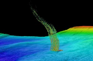 Sonar image of bubbles rising from the seafloor off the Washington coast. The base of the column is 1/3 of a mile (515 meters) deep and the top of the plume is at 1/10 of a mile (180 meters) deep.Brendan Philip / UW