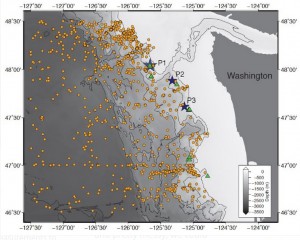 The yellow dots show all the ocean temperature measurements off the Washington coast from 1970 to 2013. The green triangles are places where scientists and fishermen have seen columns of bubbles. The stars are where the UW researchers took more measurements to check whether the plumes are due to warming water.Una Miller / UW