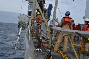 Researchers used a coring machine to gather samples of sediment off Washington’s coast to see if observations match their calculations for warming-induced methane release. The photo was taken in October aboard the UW’s Thomas G. Thompson research vessel.Robert Cannata / UW