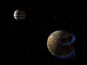 In this artist’s concept, the moon Ganymede orbits the giant planet Jupiter. NASA’s Hubble Space Telescope observed aurorae on the moon generated by Ganymede’s magnetic fields. A saline ocean under the moon’s icy crust best explains shifting in the auroral belts measured by Hubble. Image Credit: NASA/ESA