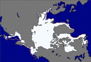 Sea ice extent as of February 25th, 2015. Orange line signifies median 19871-2010. Image-National Snow and Ice Data Center