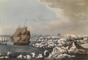 "Resolution" beating through the Ice, with the "Discovery" in the most eminent danger in the distance: hand-colored etching based on John Webber, 1792 Image credit: National Library of Australia