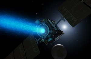 Artist's concept of Dawn above Ceres around the time it was captured into orbit by the dwarf planet in early March. Since its arrival, the spacecraft turned around to point the blue glow of its ion engine in the opposite direction. Image credit: NASA/JPL