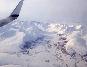 A window-seat view of the Grand Central River valley, within the Kigluaik Mountains north of Nome. Ned Rozell and his friends would ski the road (visible at bottom) on the last day of a trip from Shishmaref to Nome. Ned Rozell