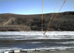 The Nenana Ice Classic tripod began tipping on Monday but continues to hold fast. Image-Nenana Ice Classic