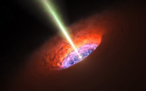 This artist’s impression shows the surroundings of a supermassive black hole, typical of that found at the heart of many galaxies. The black hole itself is surrounded by a brilliant accretion disc of very hot, infalling material and, further out, a dusty torus. There are also often high-speed jets of material ejected at the black hole’s poles that can extend huge distances into space. Observations with ALMA have detected a very strong magnetic field close to the black hole at the base of the jets and this is probably involved in jet production and collimation. Credit: L. Calçada/ESO