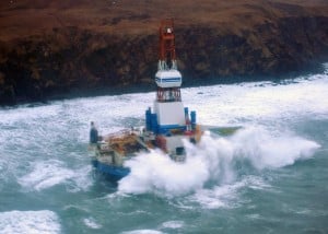 Shell drilling vessel Kuliak aground on Sitkalidek Island on the east side of the Kodiak archipeligo. Image-USCG