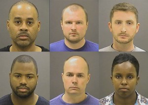 Six Baltimore officers have been indicted on charges connected with the death of Freddie Gray. Pictured are Officer Caesar Goodson Jr (top left), Officer Garrett E. Miller (top center), Officer Edward Nero (top right), Officer William G. Porter (bottom left), Lt Brian Rice (bottom center), and Sgt. Alicia Rice (bottom right). Images-Baltimore Police Department