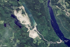 Satellite imagery of Mount Polley Mine. The mine breached in August spilling contaminated water into lakes nearby. Image-NASA