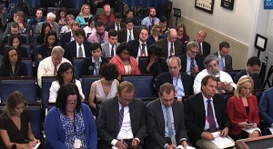 Reporters in the White House Briefing Room seconds before the evacuation was initiated. Image-White House