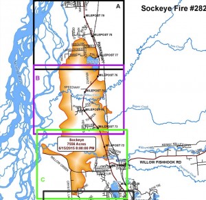 Alaska Wildland Fire Information posted maps of the Sockeye Fire area detailing the burn area on Tuesday.