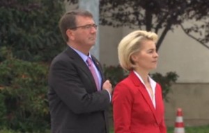 US Secretary of Defense Ash Carter and German minster of defense Ursula von der Leyen visit the Holocaust Memorial on Monday.