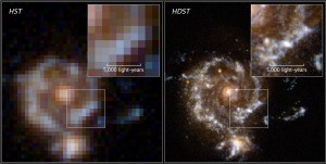 A simulation of the greater image resolution of the High-Definition Space Telescope (right) compared to the Hubble Space Telescope (left).D. Ceverino, C. Moody, G. Snyder and Z. Levay.