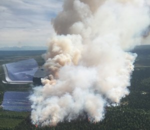 An aerial photograph of the Sockeye Fire burning north of Willow. Photo by Division of Forestry Air Attack.