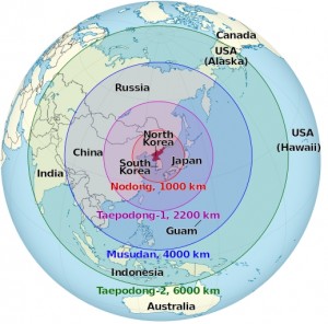 Estimated ranges of various North Korean missiles. Image- North Korea on the globe