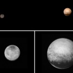 New Horizons was about 3.7 million miles (6 million kilometers) from Pluto and Charon when it snapped this portrait late on July 8, 2015, color information obtained earlier in the mission from the Ralph instrument has been added(top). Image of Charon (left) and Pluto (right) only from the New Horizons’ Long Range Reconnaissance Imager (LORRI), July 8, 2015. Credits: NASA-JHUAPL-SWRI