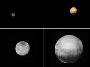 New Horizons was about 3.7 million miles (6 million kilometers) from Pluto and Charon when it snapped this portrait late on July 8, 2015, color information obtained earlier in the mission from the Ralph instrument has been added(top). Image of Charon (left) and Pluto (right) only from the New Horizons’ Long Range Reconnaissance Imager (LORRI), July 8, 2015. Credits: NASA-JHUAPL-SWRI