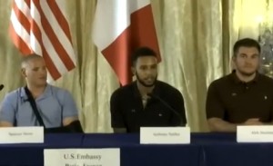 The three Americans, Spencer Stone, Anthony Sadler and Aleck Sharlatos speaking to the press at a conference at the U.S. Embassy in Paris. Image-VOA