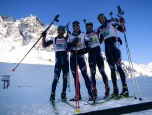 Members of the United States National Guard Biathlon Team gather after finishing third in the patrol race during the South American Military Ski Championships and International Ski Competition at the Army Mountain School in Portillo, Chile.(Photo courtesy of Lt. Col. Stephen Wilson)