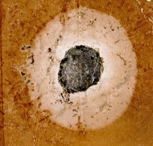 Meteorite in limestone slab from Kinnekulle. The meteorite is the black section in the middle. The side of the limestone slab actually measures 25 centimetres. Image-University of Gothenburg