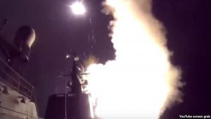 Image from video shows night ship strike group of Russian Navy launching cruise missiles against ISIS infrastructural facilities in Syria, Oct. 7, 2015.
