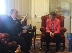 Alaska's governor, Bill Walker talks with Department of Interior's Sally Jewell in Washington. Image-Office of the Governor