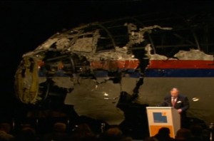 Shown is the re-construction of the left front portion of flight MH17 where the missile impact was determined to have taken place.