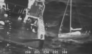 Motor vessel Tor Viking rescues a distressed mariner from his disabled 30-foot sailboat approximately 400 miles south of Cold Bay, Alaska, Oct. 20, 2015. The mariner alerted the U.S. Coast Guard with his emergency position indicating radio beacon.  Image-USCG