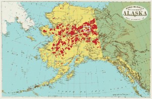 Researchers studied fire activity in a 2,000-square kilometer region of the Yukon Flats in Alaska. The study area lies within the white rectangle on the map. Zones burned in Alaska since 1950 are in red. Graphic by Diana Yates (Alaska Fire Service data)
