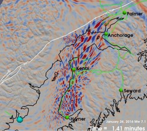 A frame from Tape’s simulations of the 7.1 earthquake that shows the shape of Cook Inlet Basin and the dramatic shaking within. Courtesy of Carl Tape.