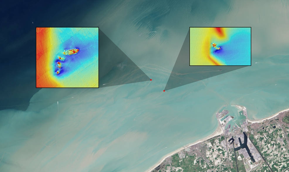 In this natural color Landsat OLI image, long sediment plumes extend from the wreck sites of the SS Sansip and SS Samvurn. Insets show elevation models (created by a multibeam echosounder) of the wrecks on the seafloor. Credits: NASA/USGS Landsat/Jesse Allen/NASA Earth Observatory/Matthias Baeye et al