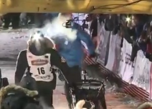 29-year-old Dallas Seavey crosses the finish line for his fourth consecutive win of the Iditarod on Tuesday morning. Image-Internet screengrab of KTUU video