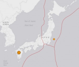 Earthquakes continue on the southern-most of Japan's main islands Friday. Image-USGS