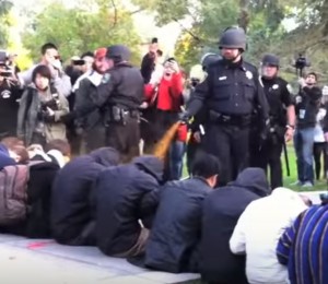 On November 18th, 2011, police walked along the group of students on the campus sidewalk, pepper-spraying them.Screengrab