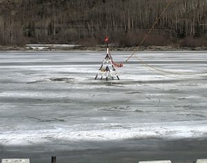 The Nenana Ice Classic tripod sits upon rotting ice as temperatures rise in the region. Image-Nenana Ice Classic