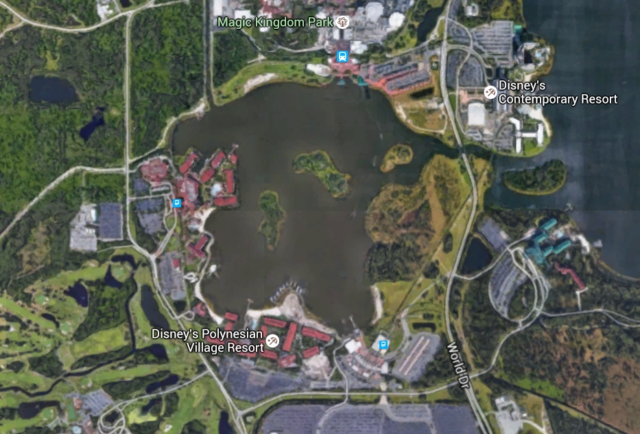 Overhead image of the Disney's Seven Lagoons area in Florida, where a two-year-old toddler was presumably taken to his death by an alligator. Image-Google Maps
