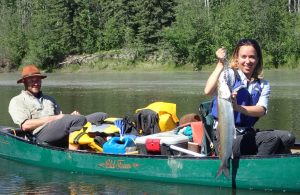 Alison Beamer displays a sheefish Jason Clark helped her land on the Zitziana River, which she paddled up on a Tanana River trip. Ned Rozell photo.