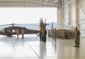 Alaska National Guardsmen observing Col. Jeffery Roach, 38th Troop Command commander, transfer command to Lt. Col. Wayne Don at a ceremony on Bryant Army Airfield on Joint Base Elmendorf-Richardson, August 7, 2016. (U.S. Army National Guard photo by Sgt. Julio Velez)