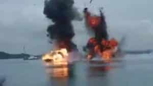 Indonesian officials sank illegal fishing vessels. Image-Video screengrab
