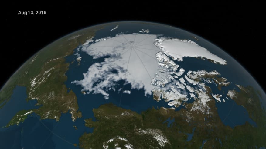 Visualization of Arctic sea ice extent on Aug. 13, 2016. Credits: NASA Goddard's Scientific Visualization Studio