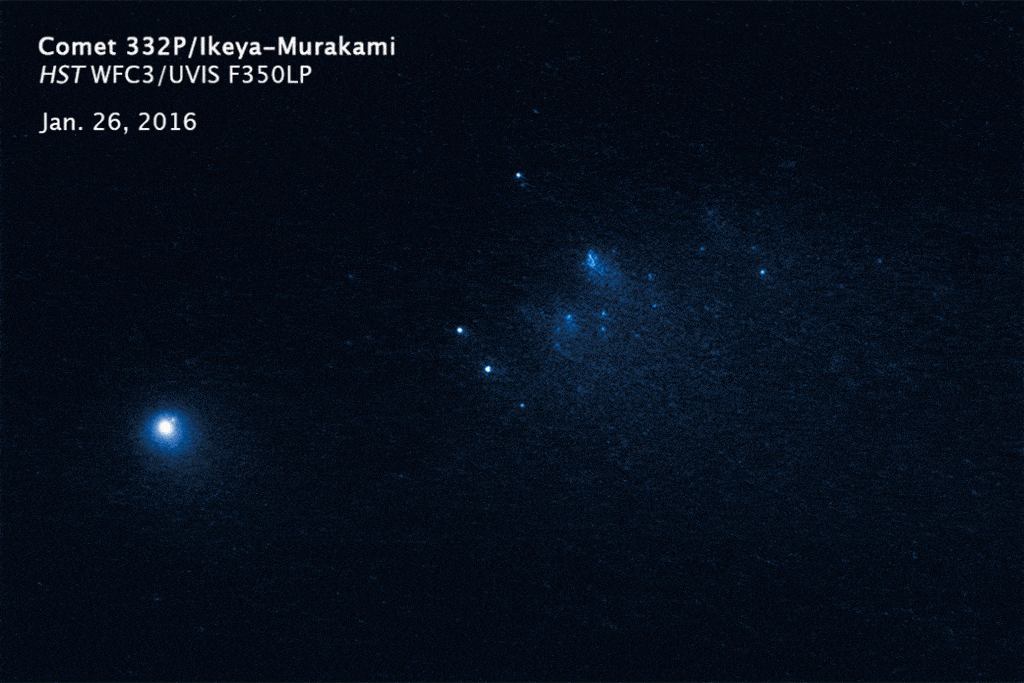 Pieces of Comet 332P/Ikeya-Murakami broke off of the main nucleus in late 2015 as the icy, ancient comet approached the sun in its orbit. Credits: NASA, ESA, D. Jewitt (UCLA)