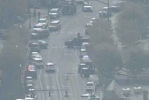 Police vehicles line the street following the knife attack at OSU.