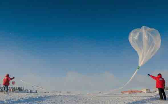 Researchers launch a weather balloon carrying an ozonesonde during the 2016 research season at NOAA's South Pole Observatory. Credit: Kyle Obrock/ASC