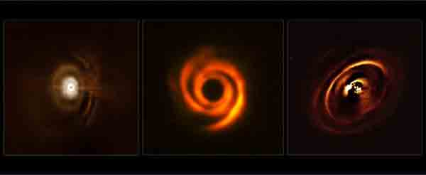 Protoplanetary discs seen around young stars HD 97048(L), HD 135344B(C), and RX J1615(R). Image-ESO